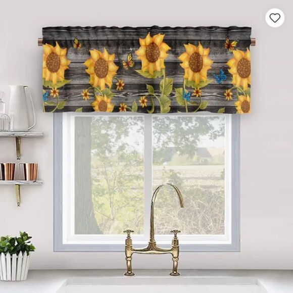NEW! Farmhouse Trendy Wood Grain Look Sunflower Window Valance Country Cottage - Picture 2 of 4